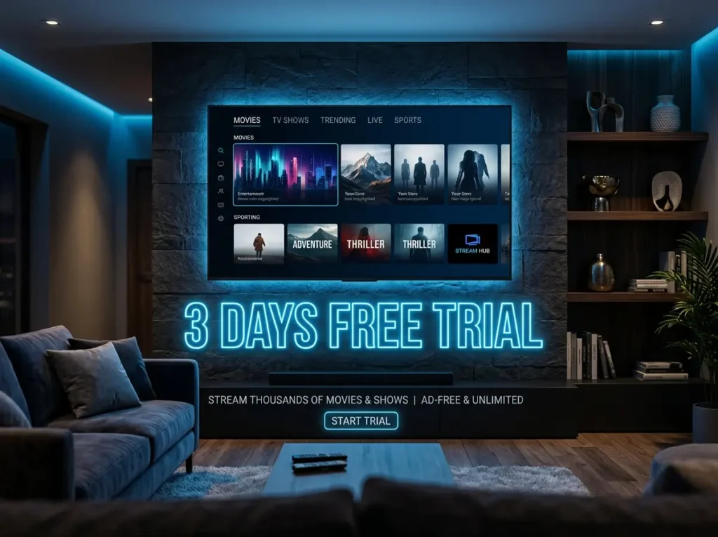 Futuristic streaming service dashboard with glowing blue effects and a 3 days free trial message.