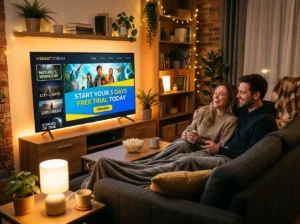 Couple enjoying digital streaming on a smart television with a promotional 3 days iptv free trial banner.
