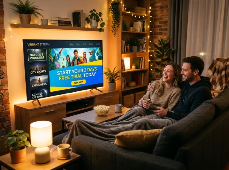 Couple enjoying digital streaming on a smart television with a promotional 3 days iptv free trial banner.