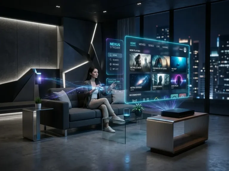 Luxury living room with a smart television displaying a generic IPTV Smarters Pro inspired entertainment interface.