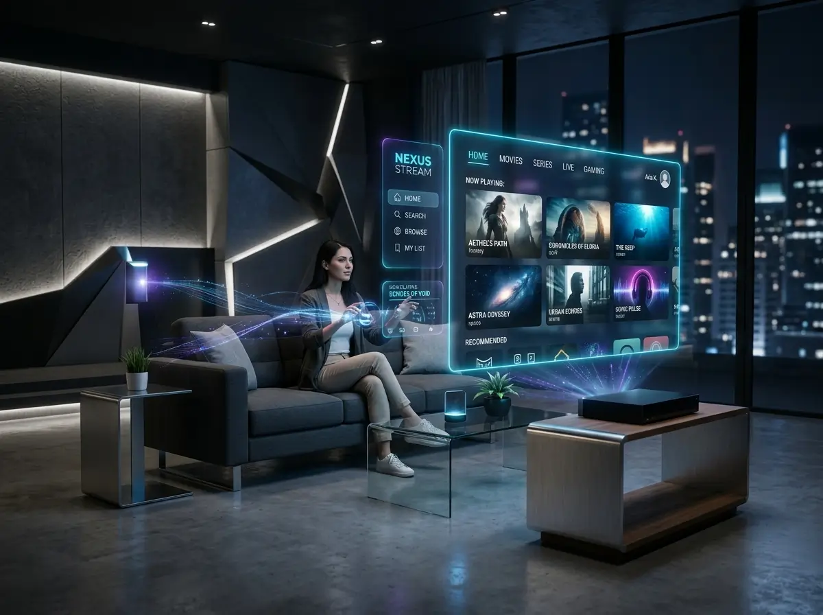 Luxury living room with a smart television displaying a generic IPTV Smarters Pro inspired entertainment interface.