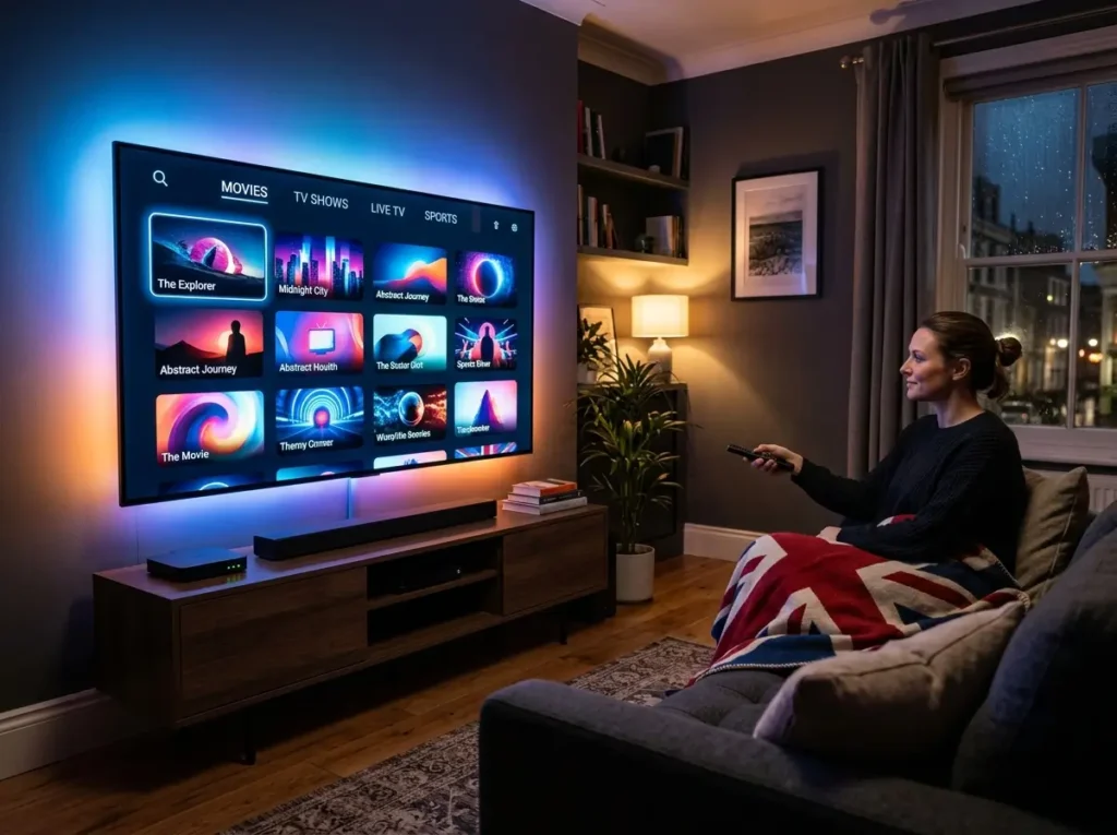 Futuristic UK IPTV subscription setup with abstract television streaming visuals and wireless connection graphics.