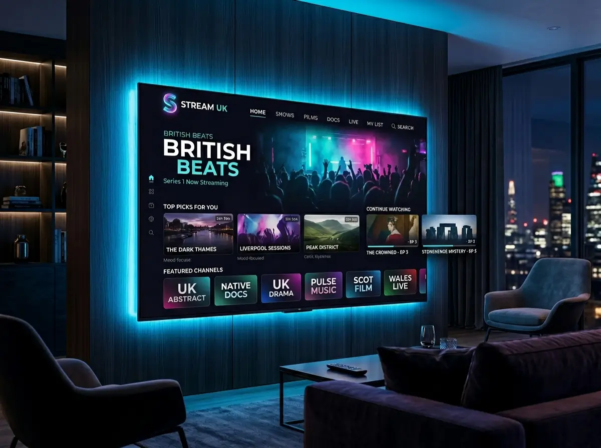 United Kingdom IPTV service with HD live channels and modern streaming interface for smart devices.