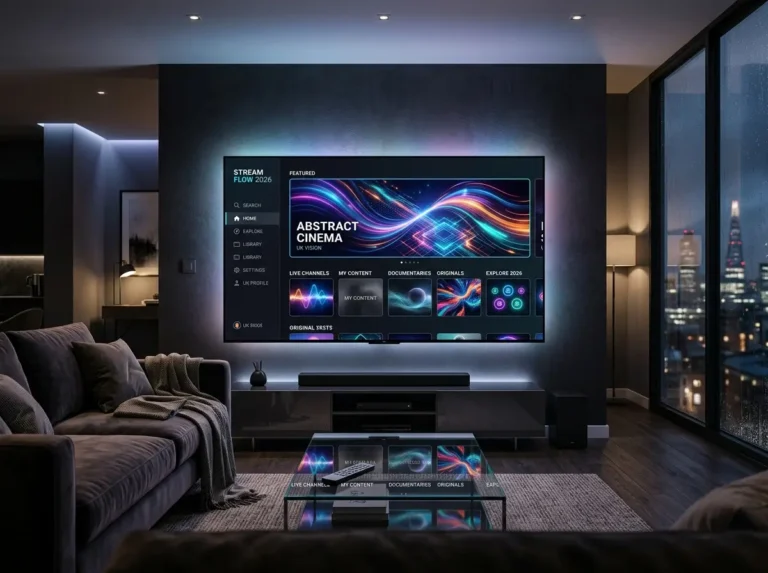Modern IPTV UK 2026 media environment with fictional ultra HD streaming visuals