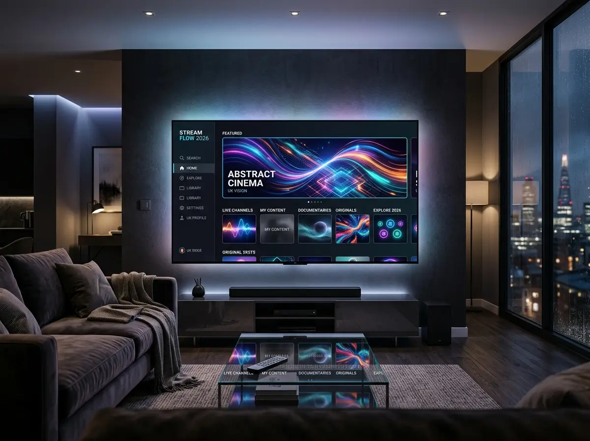 Modern IPTV UK 2026 media environment with fictional ultra HD streaming visuals