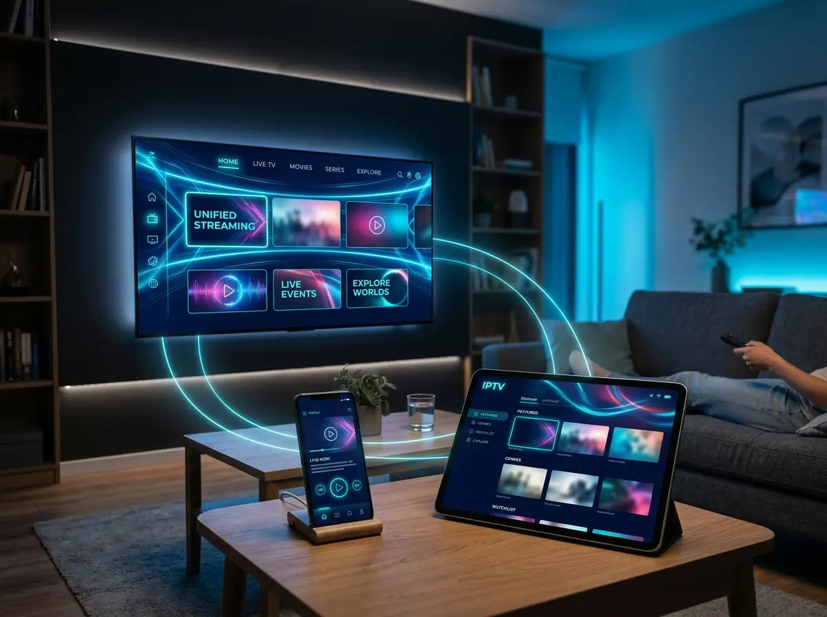 Modern IPTV subscription dashboard on smart TV with clean streaming interface