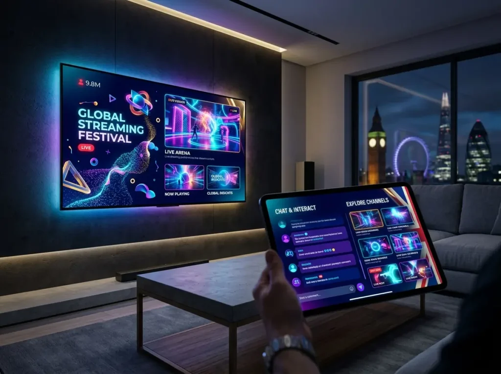 Futuristic British IPTV concept with smart devices and streaming dashboard