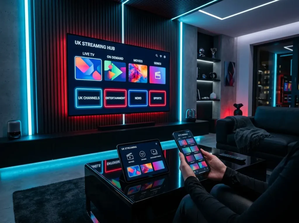 Premium IPTV United Kingdom home theater setup with cinematic streaming visuals