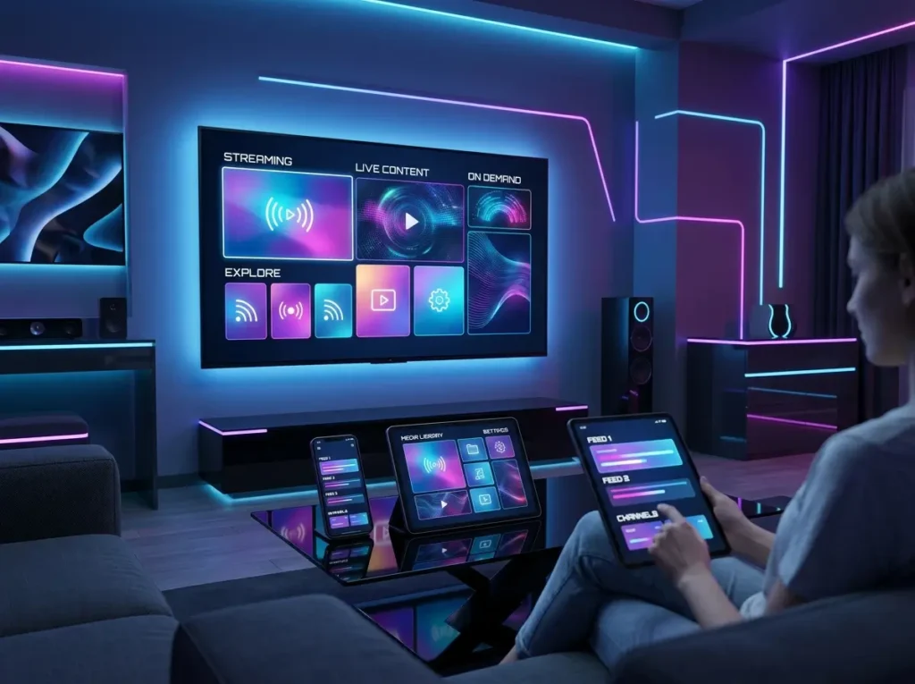 Premium home theater inspired by IPTV providers with modern streaming visuals