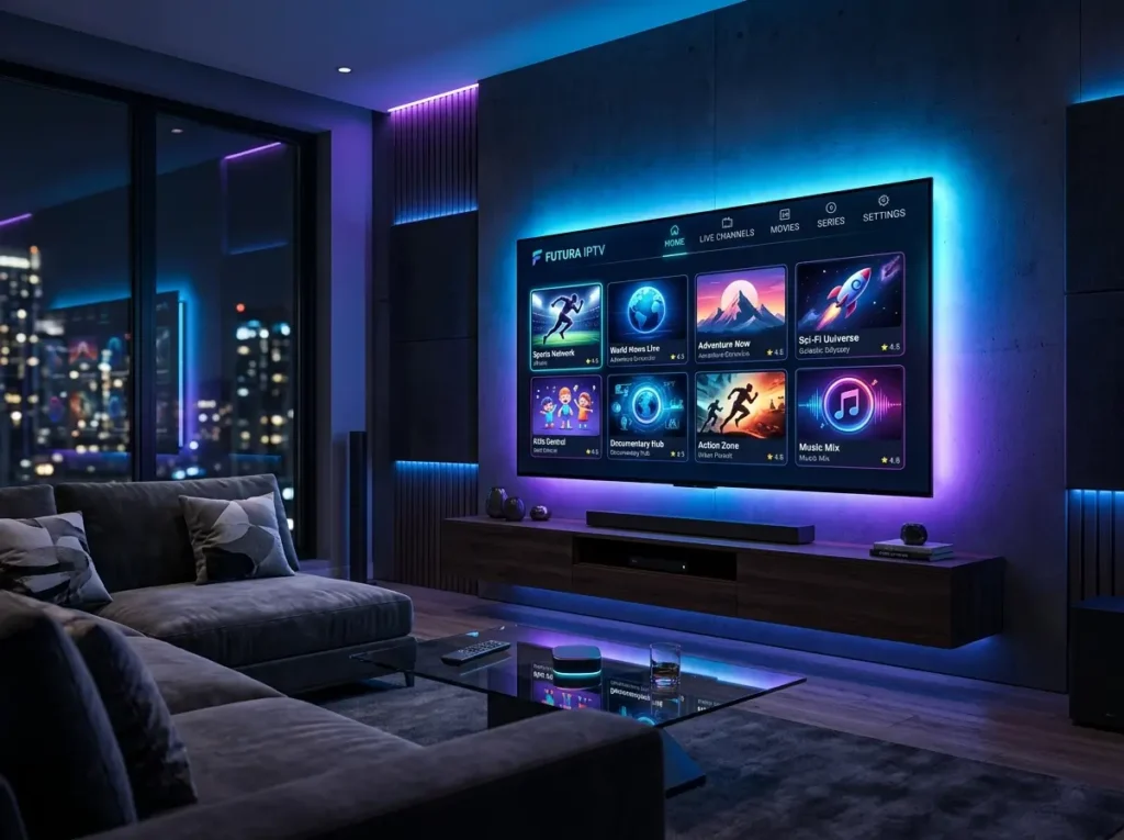 Elegant living room featuring a smart TV displaying a clean Top Rated IPTV inspired streaming dashboard.
