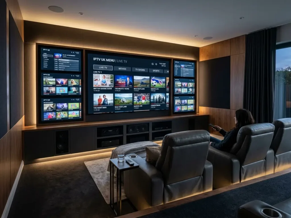 Futuristic IPTV United Kingdom concept with smart devices and streaming screens