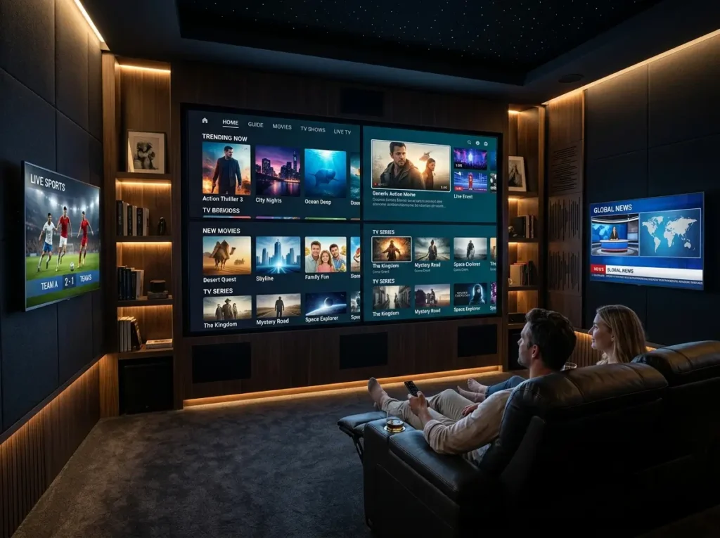Futuristic IPTV subscription concept with smart devices and entertainment screens