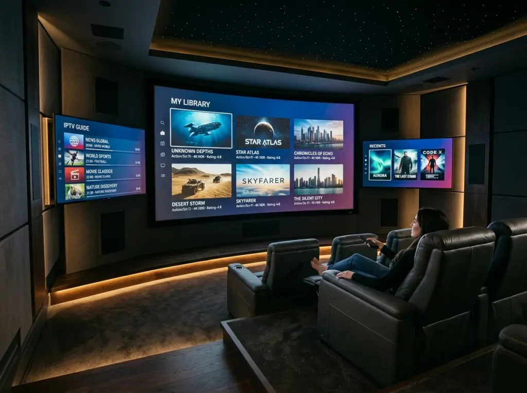 Futuristic IPTV providers setup with connected smart devices and streaming screens