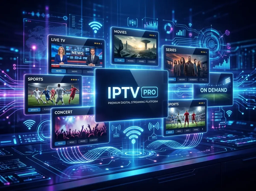 Modern IPTV Pro themed streaming setup with abstract media panels and wireless network graphics.