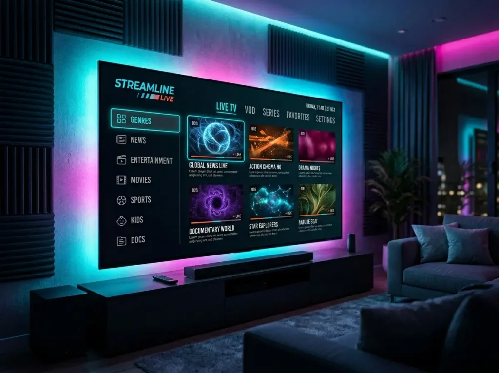 Elegant living room with a smart TV displaying a clean IPTV Pro inspired streaming dashboard.