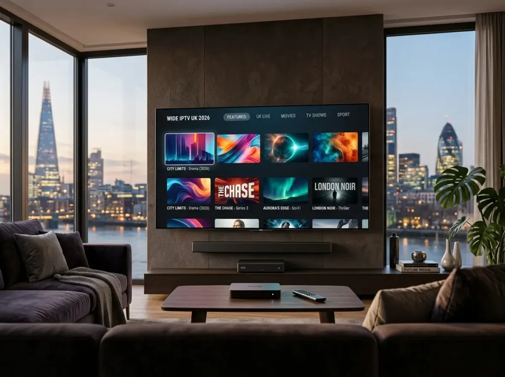 Futuristic IPTV UK 2026 entertainment platform with custom digital streaming dashboard
