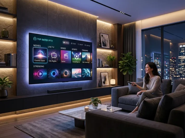 Top Rated IPTV inspired smart television interface with futuristic streaming categories and modern digital entertainment visuals.