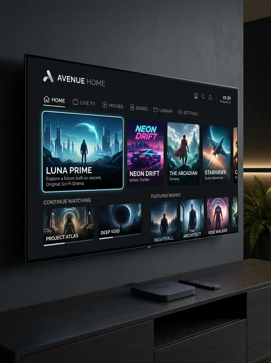 Modern IPTV UK streaming interface on a smart television with custom entertainment visuals