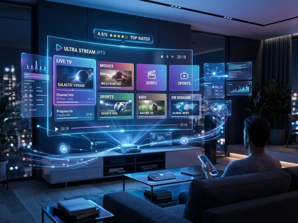 Modern Top Rated IPTV themed streaming environment with abstract media panels and wireless connectivity graphics.