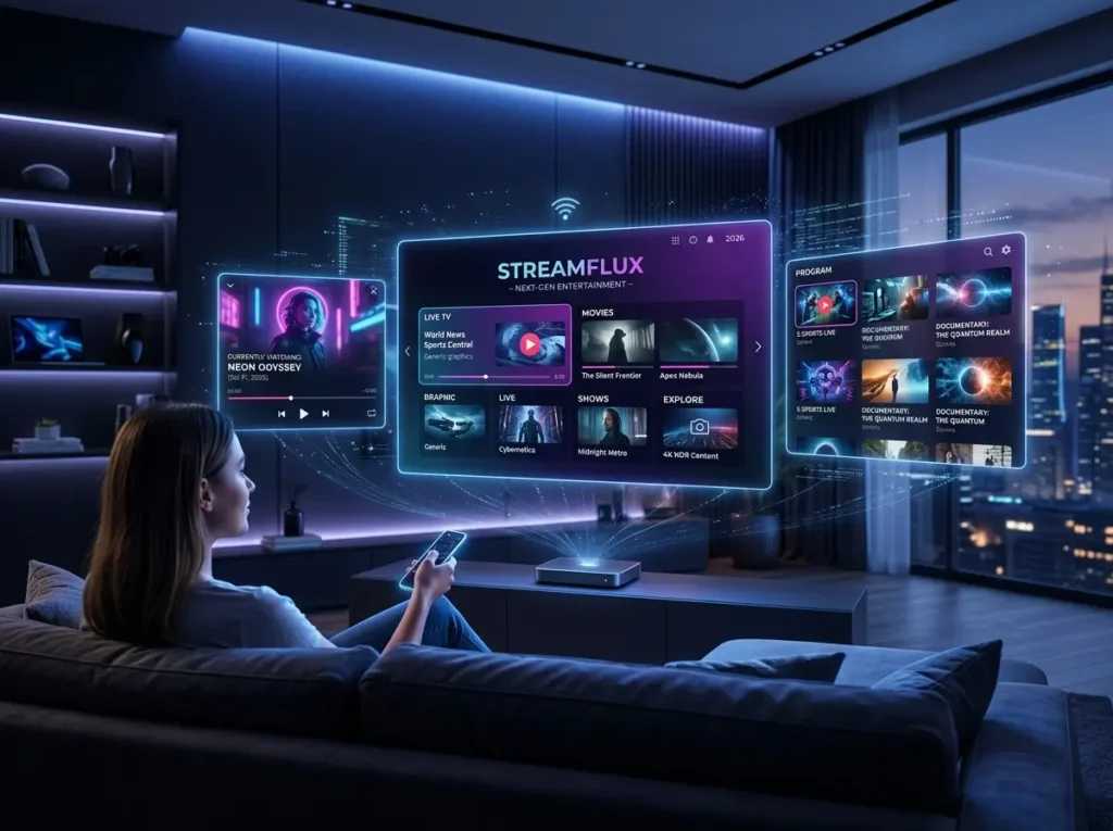 Futuristic Best IPTV 2026 streaming setup with abstract media panels and wireless connectivity graphics.
