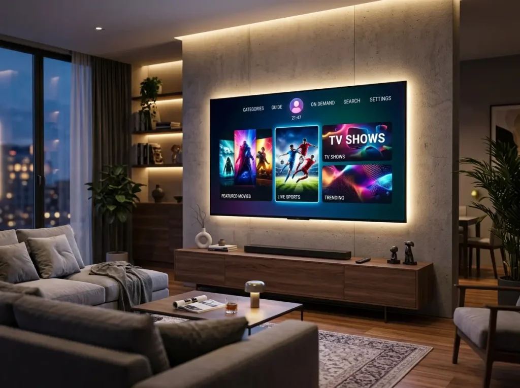Modern Best IPTV providers concept with abstract streaming panels and wireless network graphics.