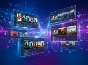 Elegant living room featuring a smart television with a clean Best IPTV providers inspired streaming dashboard.