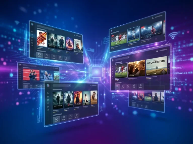 Elegant living room featuring a smart television with a clean Best IPTV providers inspired streaming dashboard.