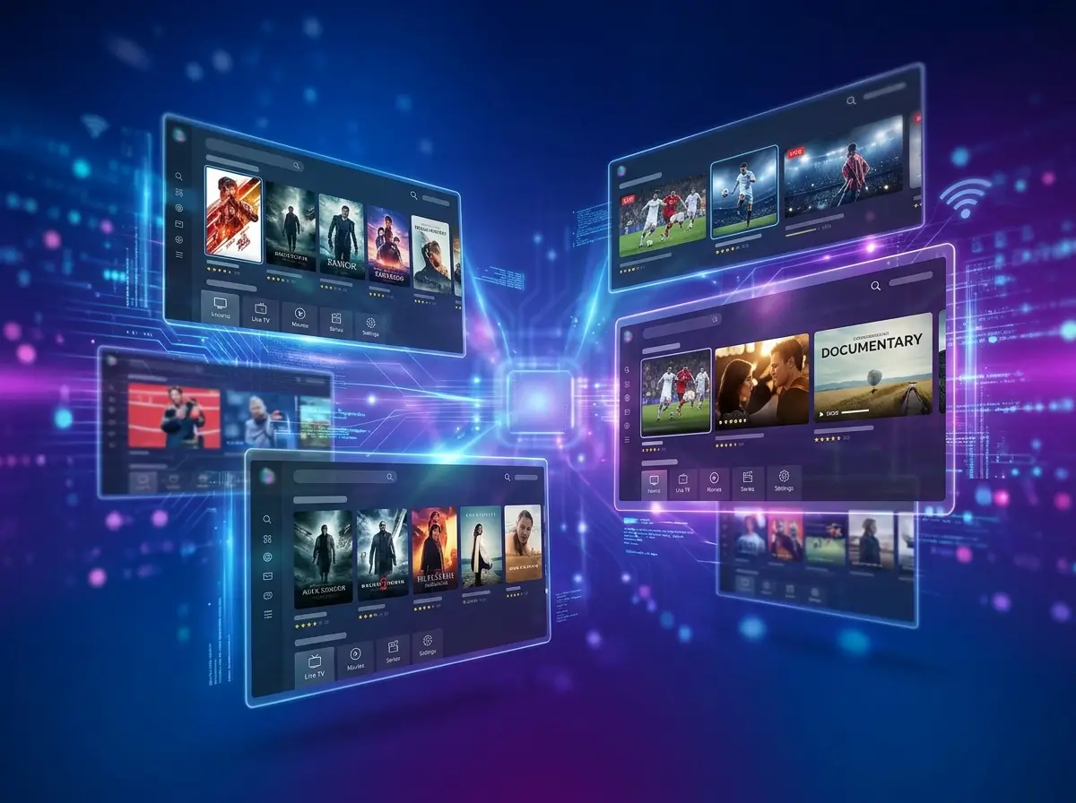 Elegant living room featuring a smart television with a clean Best IPTV providers inspired streaming dashboard.