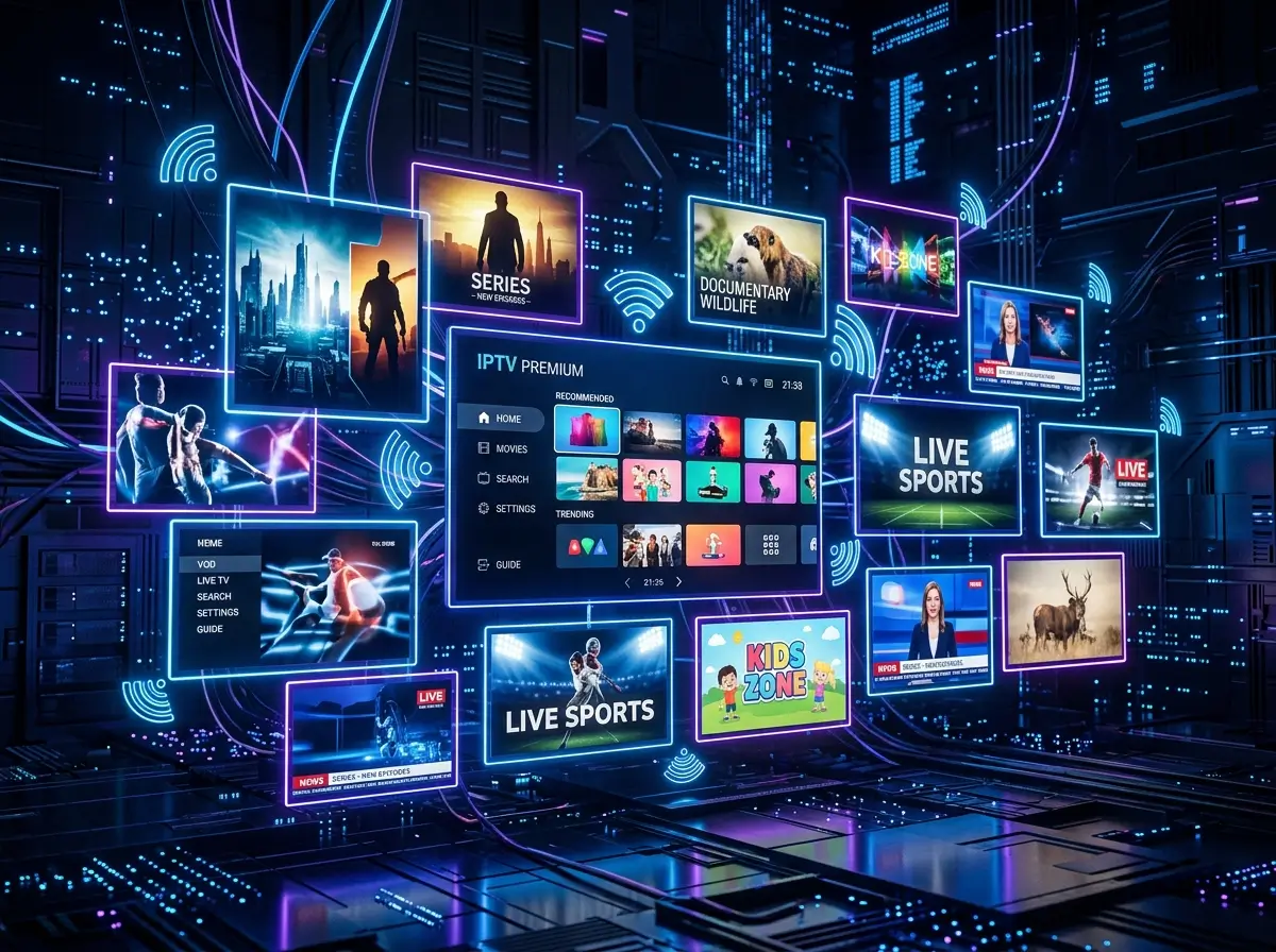 Smart home television setup representing IPTV TV providers with a clean streaming dashboard.