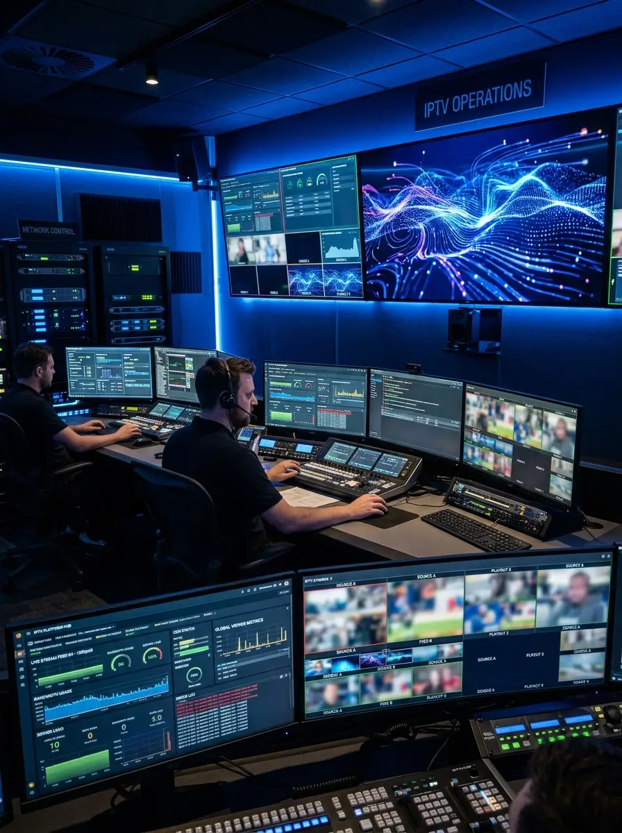 Futuristic IPTV UK entertainment setup with unique streaming dashboard and glowing digital screens