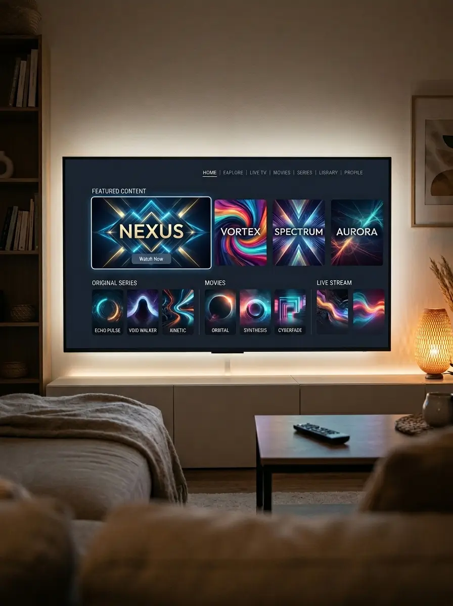 Futuristic IPTV UK setup with abstract streaming dashboard and smart entertainment devices