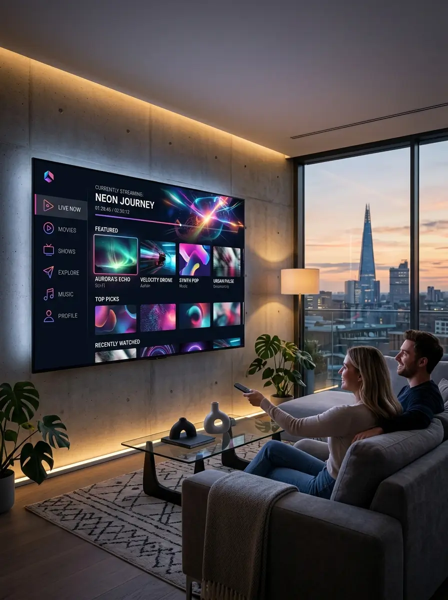 Minimal IPTV UK streaming interface displayed on a large smart television
