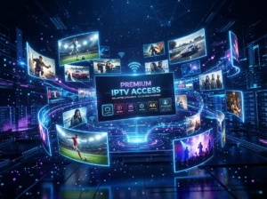 Elegant living room featuring a smart TV with a clean IPTV Sub inspired streaming dashboard.