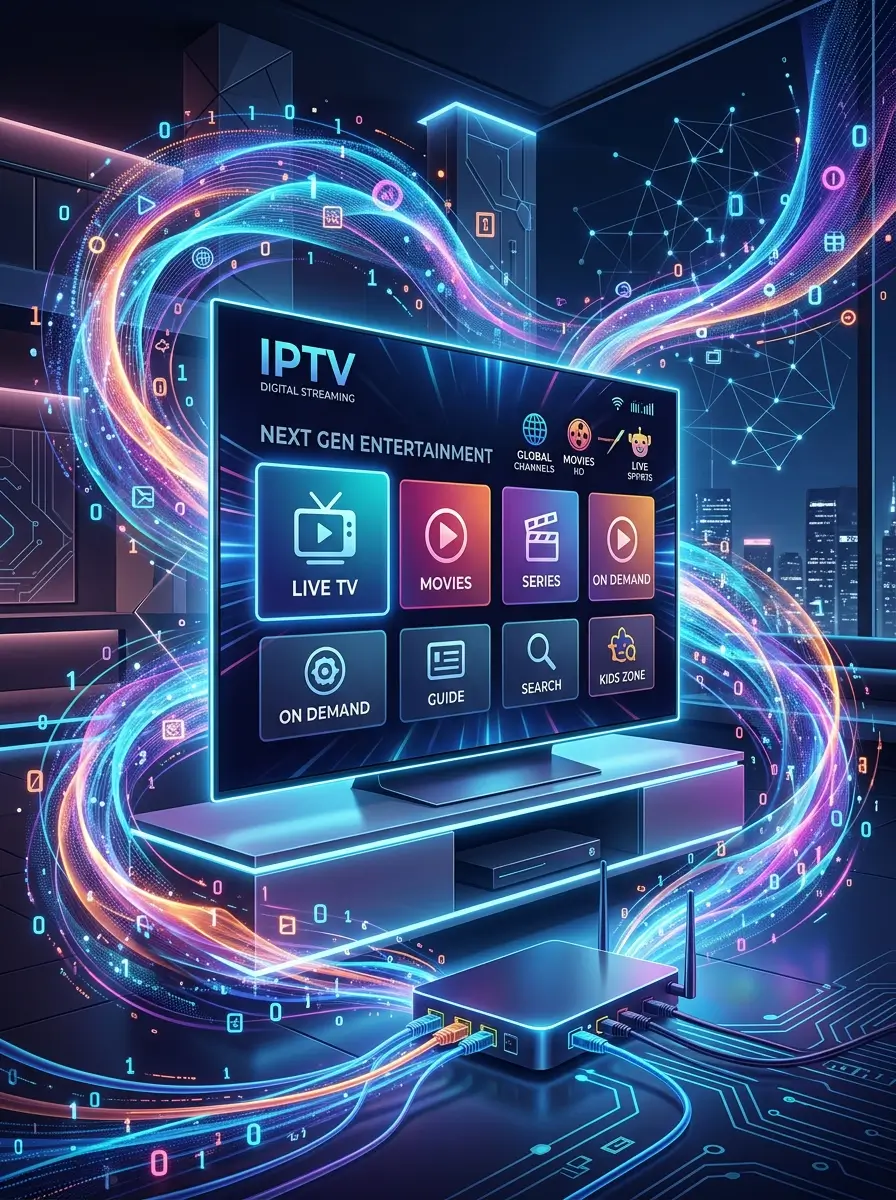 Ultra modern IPTV UK entertainment display with fictional streaming graphics