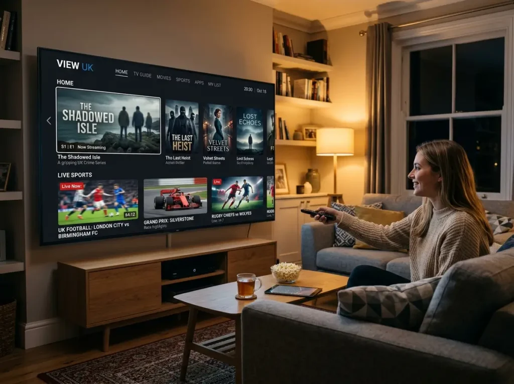 Modern United Kingdom IPTV dashboard displayed on a smart television with high-quality streaming features.