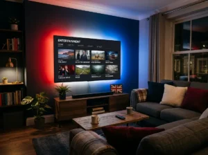 Modern British IPTV streaming setup with smart TV and premium entertainment interface