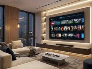 Modern IPTV providers concept with smart TV and digital streaming interface Title: