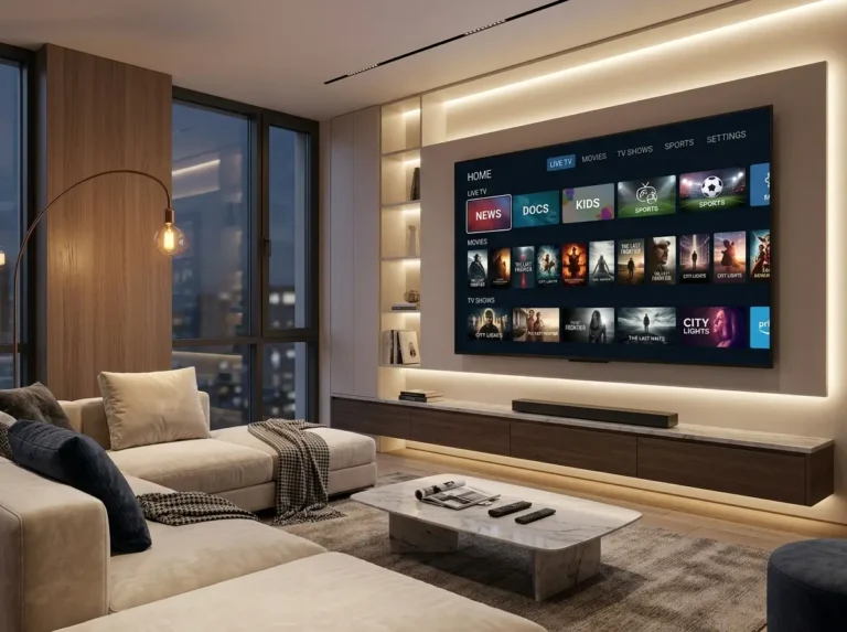Modern IPTV providers concept with smart TV and digital streaming interface Title:
