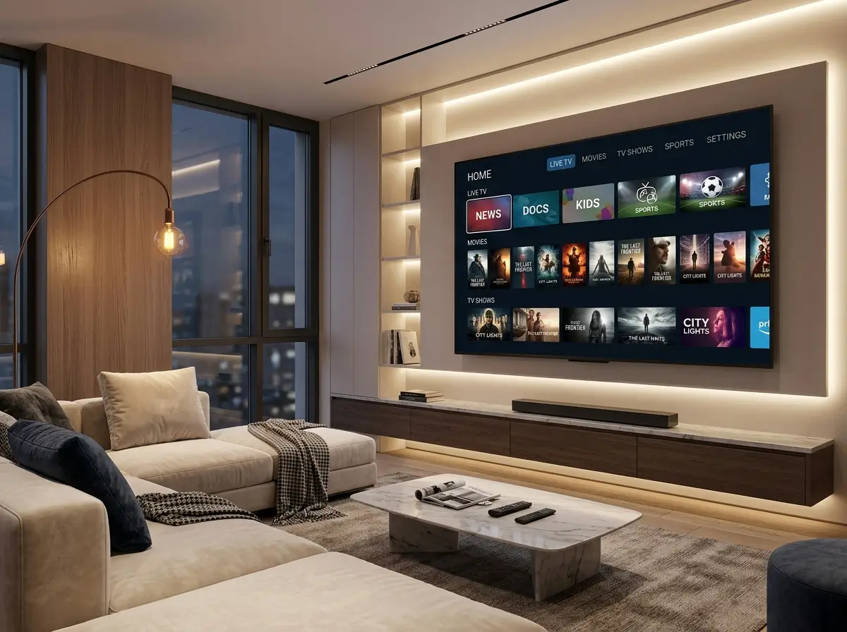 Modern IPTV providers concept with smart TV and digital streaming interface Title: