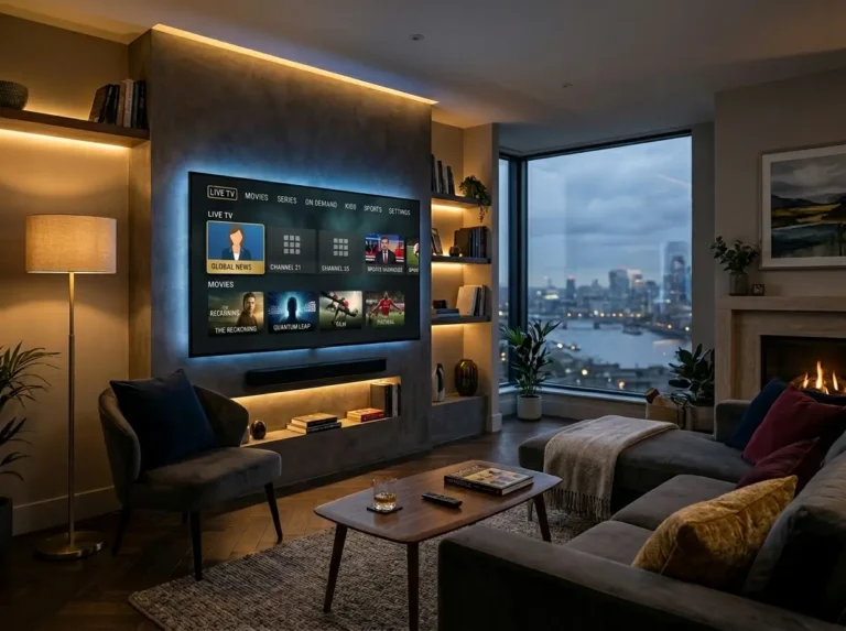 Modern IPTV United Kingdom streaming setup with smart TV and premium entertainment interface