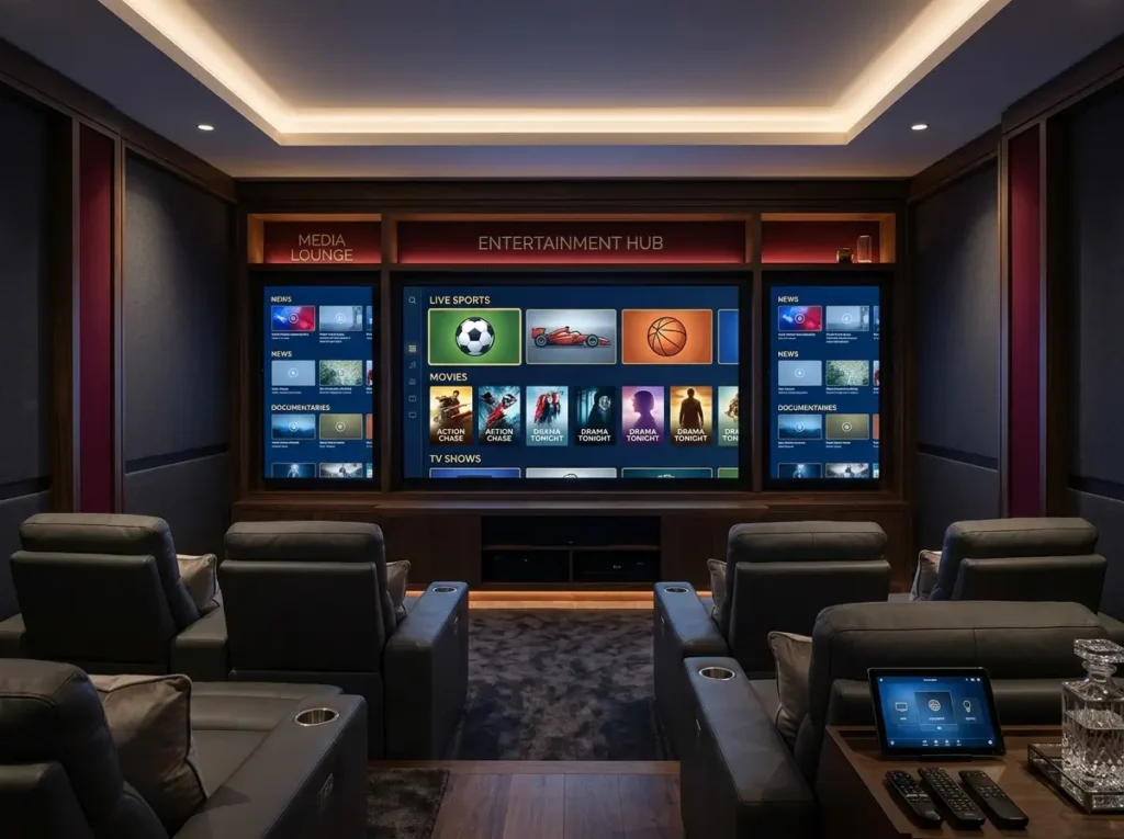 Luxury home entertainment room featuring British IPTV inspired streaming screens