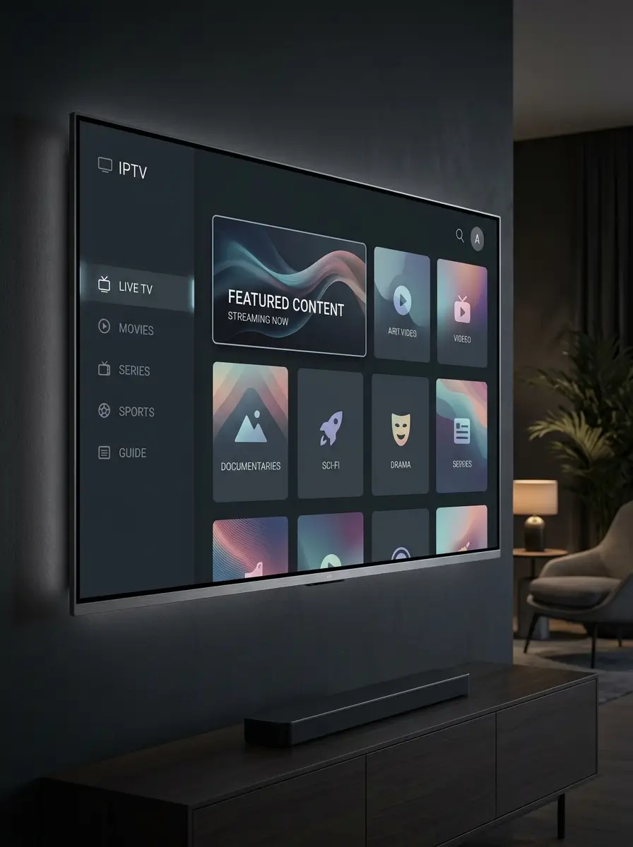 Professional IPTV UK broadcasting environment with glowing digital screens
