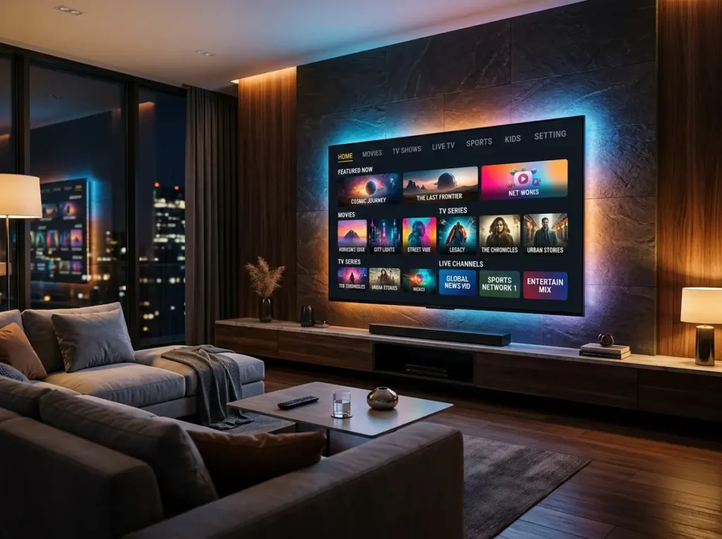 Luxury home media setup with IPTV subscription inspired streaming display