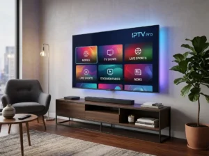 IPTV Pro inspired smart television interface with generic streaming categories and futuristic digital visuals.