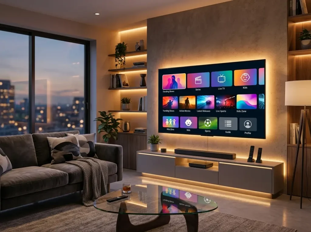 Modern IPTV Sub themed setup with abstract media panels and wireless connectivity graphics.
