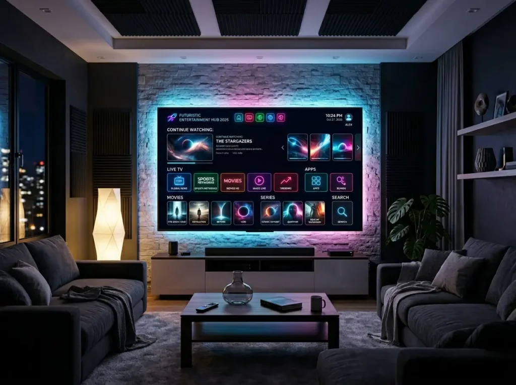 Modern living room featuring a smart television with a clean Best IPTV 2026 inspired streaming dashboard.