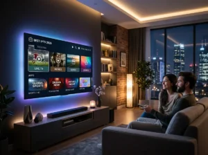 Best IPTV 2026 inspired smart television interface with futuristic streaming categories and modern digital visuals.