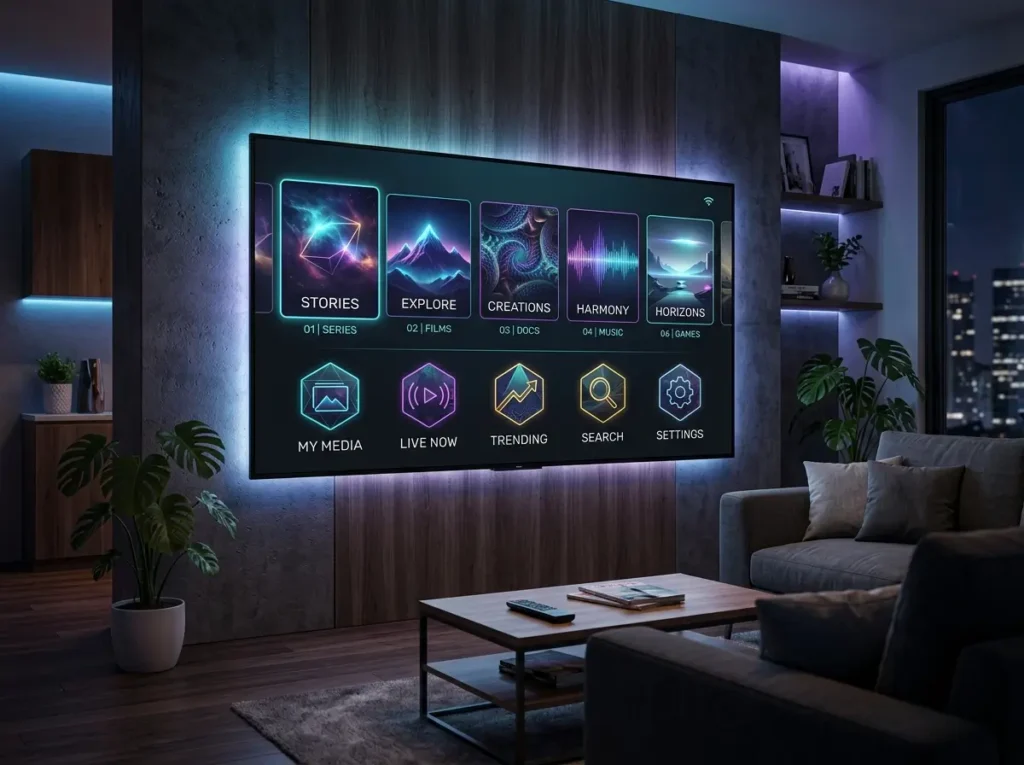 Futuristic Best IPTV UK entertainment platform with custom digital streaming dashboard
