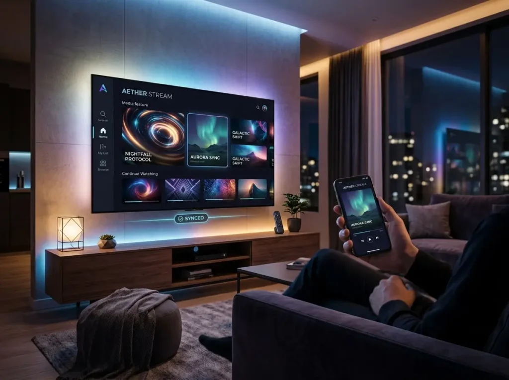 IPTV Smarters Pro inspired streaming interface with a generic smart TV dashboard and modern digital entertainment visuals.