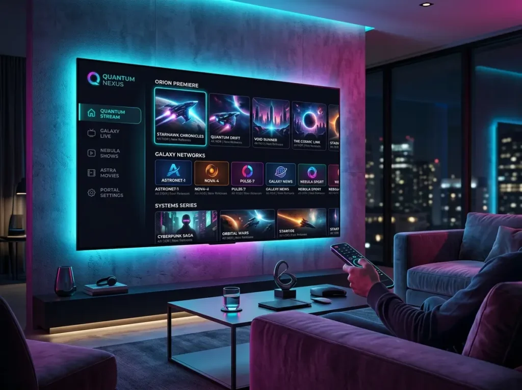 Futuristic IPTV Smarters Pro inspired media setup with abstract streaming panels and wireless connectivity graphics.